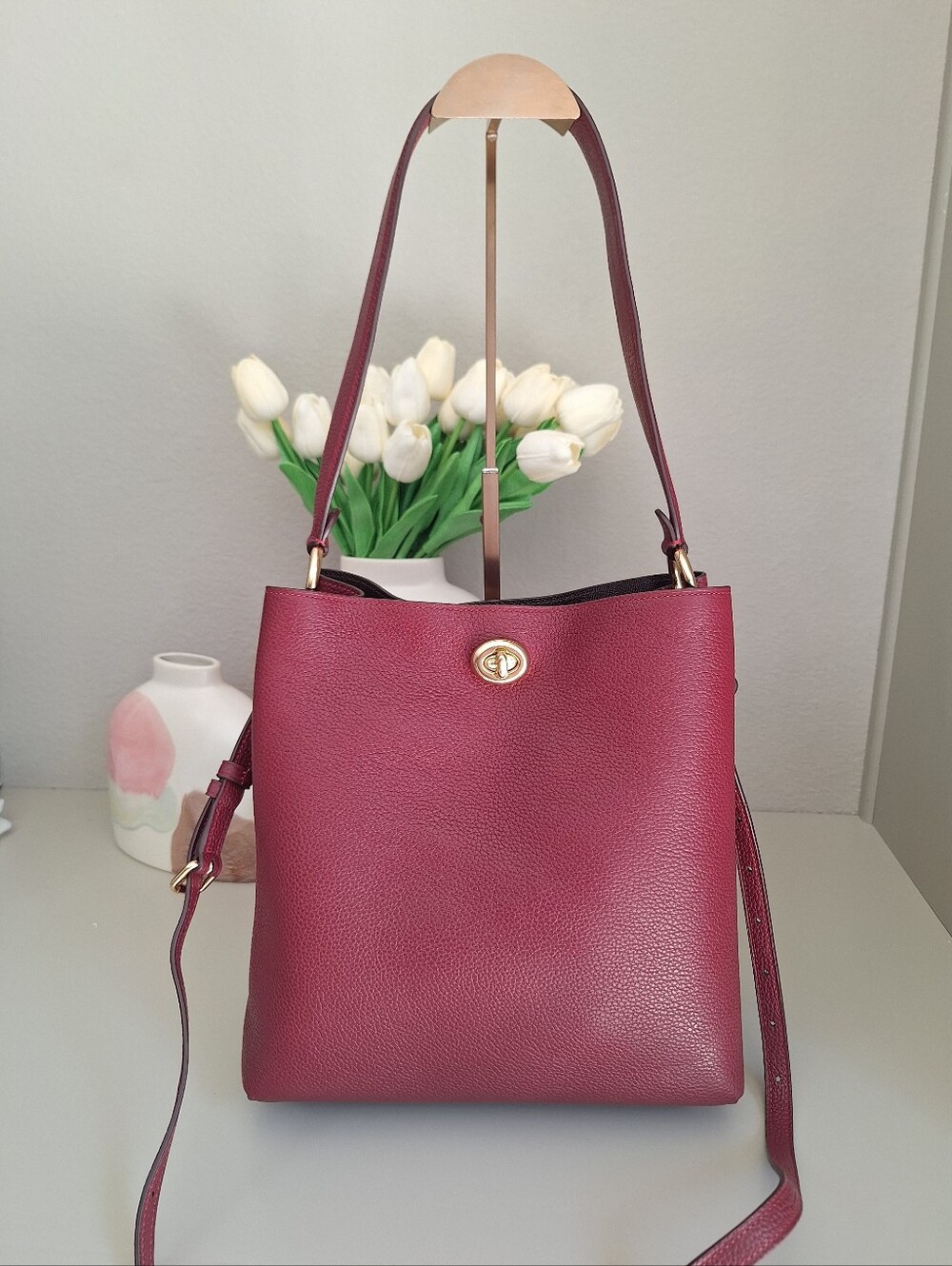 Coach 55200 Pebble Leather Charlie Bucket Bag Gold Deep Red Wine Crossbody NWOT